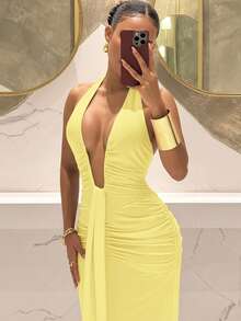 Slaydiva 2025新款优雅深V领美人鱼连衣裙，适合派对、生日、酒吧、夜店、情人节、万圣节、圣诞节等场合 - 棕色 - 淡黃色 - 查看 5