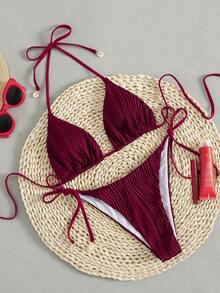 SHEIN Swim Basics Summer Beach Ladies' Halter Neck Fashionable Separable Bikini Set With Special Fabric Two Pieces Bikinitop Bikinimicro Bikini Set - Burgundy - View 5