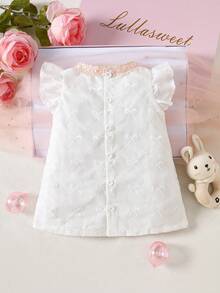 新生女宝宝白色蝴蝶结短袖领蕾丝粉色蝴蝶结公主裙，优雅甜美吊带裙 - 白色 - 查看 3