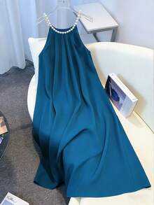 Franclia French-Style Light Luxury Fashion Elegant And Exquisite Vest Dress With Pearl Chain Collar, Red Vest Summer Dress, Blue Fashion Dress, Women's Elegant Dress, Women's Luxury Dress, Summer Dress, Women's Summer Outfit, Women's Wedding Guest Dress, Wedding Party Dress, Women's Graduation Dress, Party Dress Ocean Dress Simple Dress Bubble Beads Dress Loose Dresses Blue Dress Summer Long Blue Dress Dress With Pearls Halter Neck Dress Blue Silk Dress Bubble Dress - Teal Blue - View 3