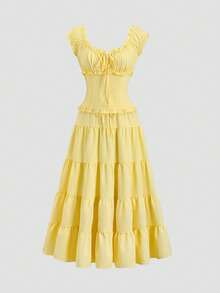 Sweetra Women's Casual Solid Color Top And Skirt 2 Pieces Set, Spring/Summer - Yellow - View 5