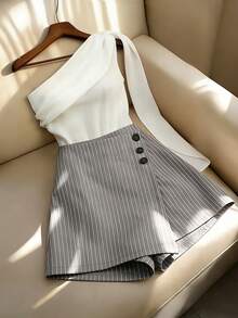 Franclia 优雅都市通勤拼接雪纺荷叶边针织弹力修身T恤，搭配灰色条纹阔腿短裙裤，二合一裤裙套装，女士春夏两件套 - 灰色 - 查看 1