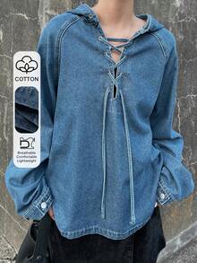 FRIFUL Blusa vaquera casual con capucha y cruce en el frente para mujer - Azul - Ver 1