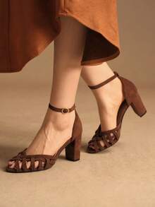 Rosivie Mẫu sandal đế dày hở mũi, khoét lỗ, kiểu Pháp cổ điển mới năm 2025 dành cho nữ. - Cà phê nâu - Xem 9