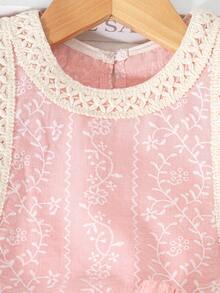 2pcs/Set Young Girl' Sweet Faux Embroidered Ruffle Sleeve Top And Shorts Princess Outfit, Spring/Summer - Pink - View 4