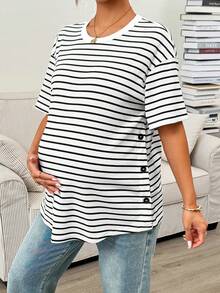 SHEIN 孕妇条纹圆领短袖休闲T恤，侧开衩下摆 - 白色 - 查看 7