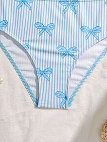 SHEIN Tween Girl 2 Pieces Tankini Set,Blue White Striped Bow Decor Camisole Swimwear,Cute Summer Holiday Beach Bathing Suits For Pool Party,Spring Summer - Baby Blue - View 4