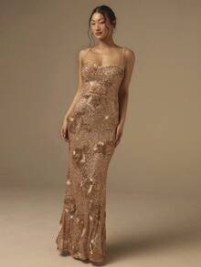COSMINA 女士优雅吊带束腰提花亮片连衣裙，适合早春、约会、情人节、晚宴、婚礼宾客等场合穿着。 - 金色 - 查看 1