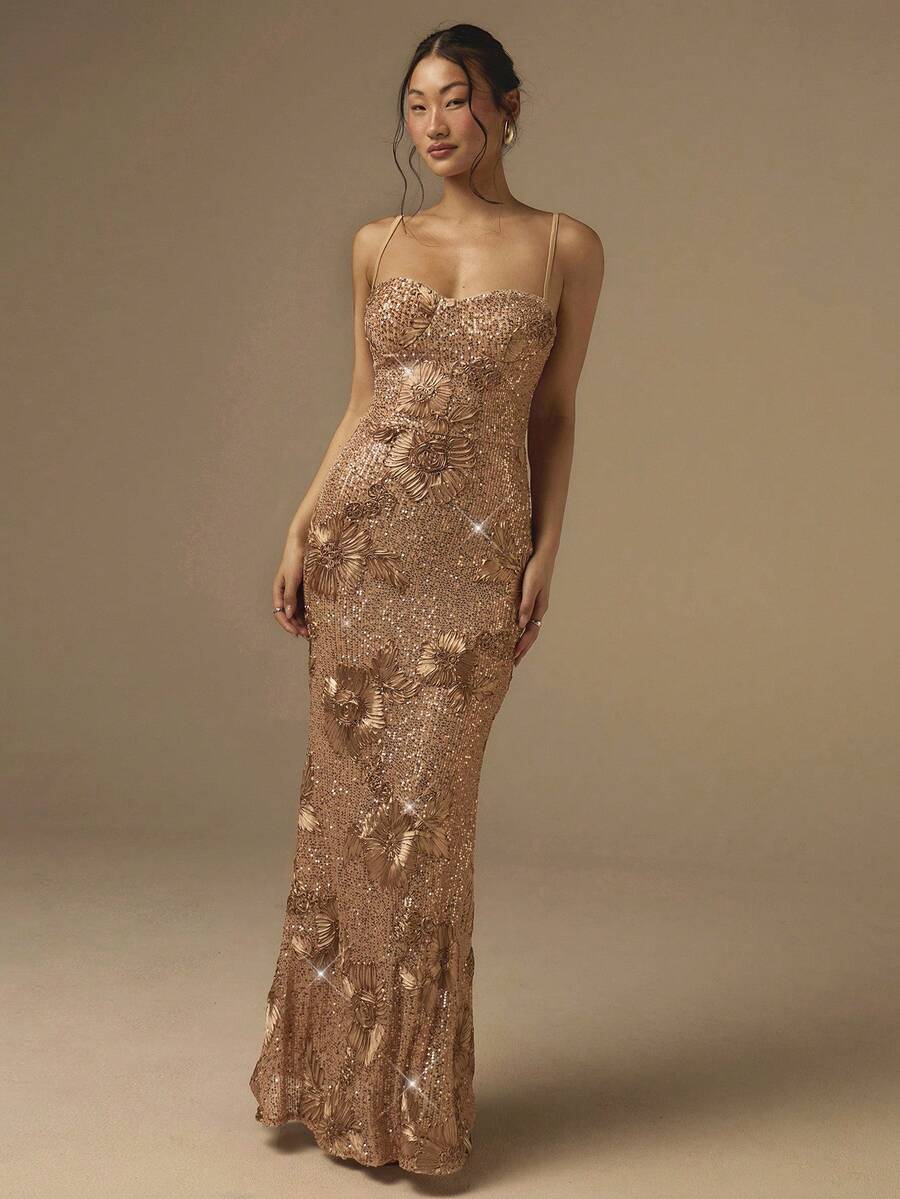 COSMINA 女士优雅吊带束腰提花亮片连衣裙，适合早春、约会、情人节、晚宴、婚礼宾客等场合穿着。 - 金色 - 查看 1