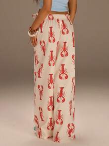 Athîral Women's Elastic Waist Lobster Print Wide Leg Loose Pants - Multicolor - View 2