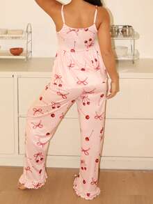 樱桃印花吊带背心和裤子睡衣套装（女士） - 粉色 - 查看 2
