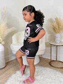 女童休闲日常数字印花针织上衣和打底裤套装 - 黑色 - 查看 4