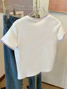 Resyla Women's Contrast Trim Heart Print Casual Round Neck Short Sleeve T-Shirt, Summer - White - View 2