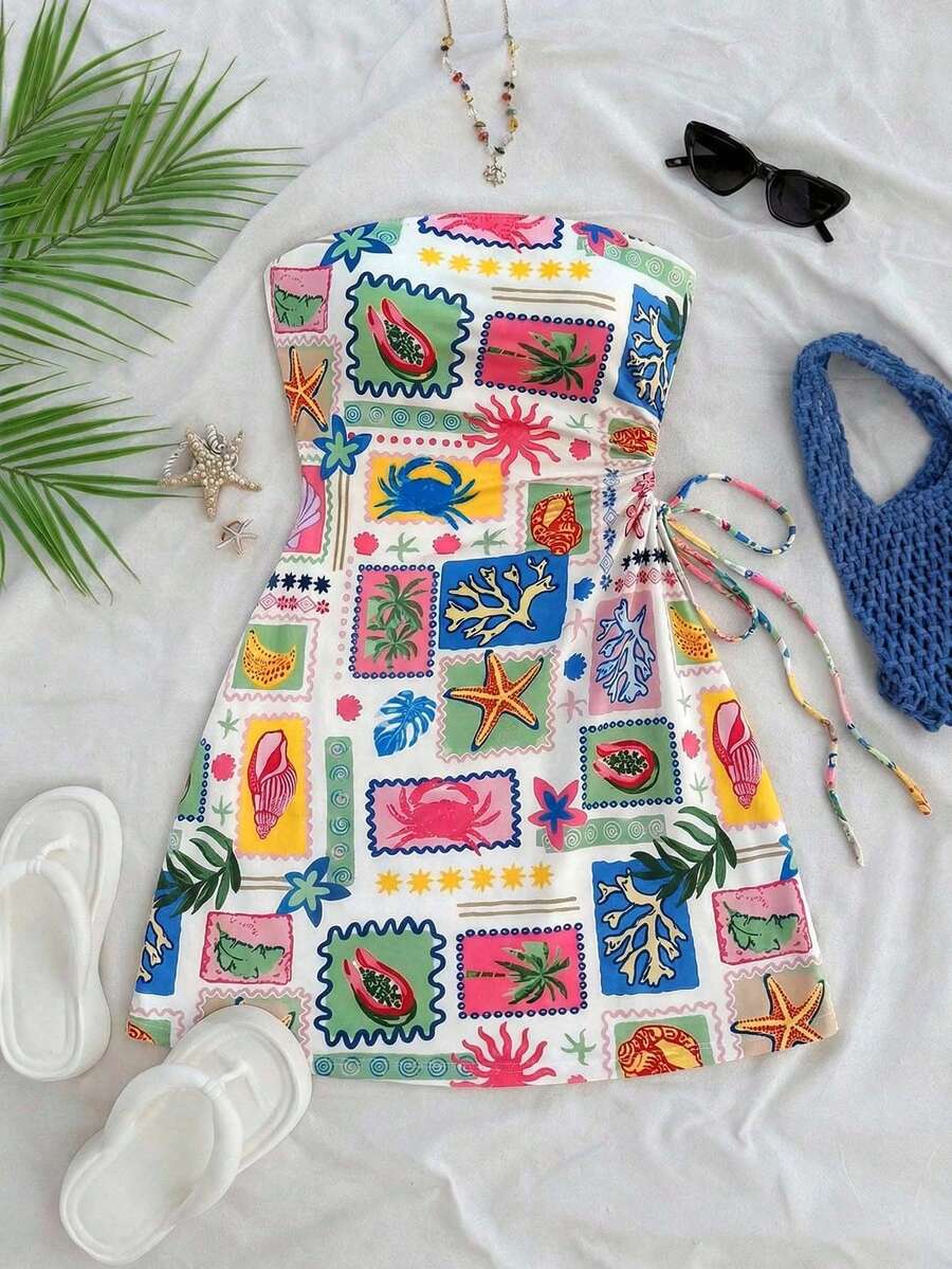 Soleia 大码女式印花褶皱扭结设计休闲日常度假抹胸连衣裙