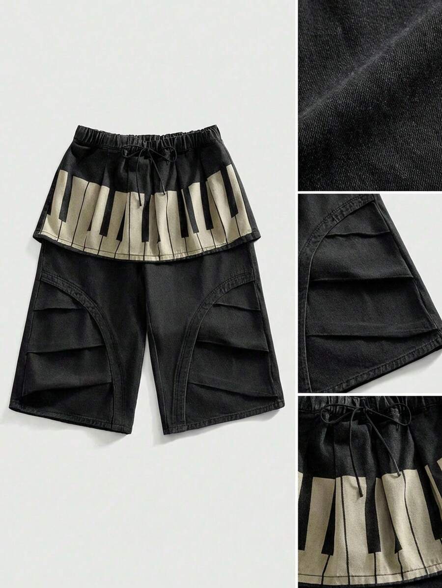 ROMWE MEN Street Life 男士钢琴音符印花抽绳腰宽松牛仔短裤 - 深灰色 - 查看 1