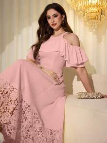 Modelyn 甜美青春的黄色优雅荷叶边露肩刺绣拼接中长连衣裙（女款） - 粉色 - 查看 3