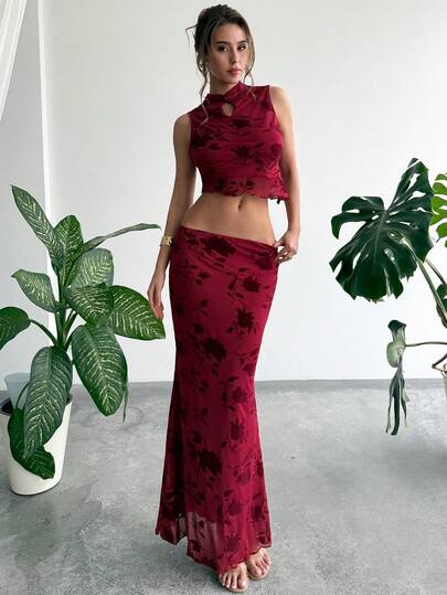 Aloruh Women's Retro Mesh Flocked Print Cheongsam Collar Vest Top And Fish Tail Midi Skirt Set, Elegant Burgundy
