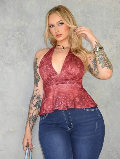 Arliah 露背深 V 领收腰 A 字形露背复古佩斯利印花波西米亚露背吊带背心，性感女士俱乐部服装，适合 Y2K、垃圾摇滚、哥特赛博朋克和美学风格