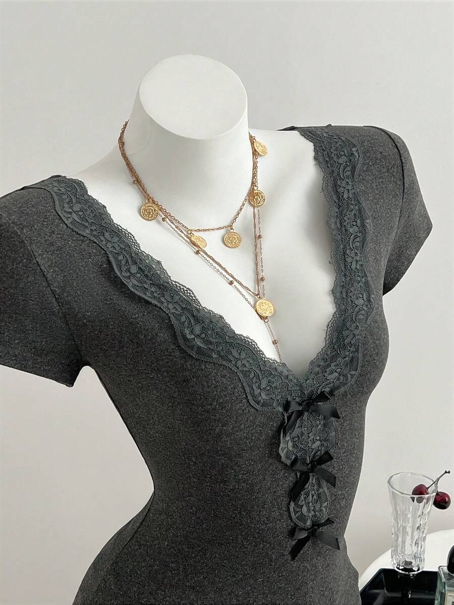 Elamini 夏季性感V领蕾丝蝴蝶结修身短袖T恤灰色上衣女装时尚2000年代初哥特风夏季 - 深灰色 - 查看 1