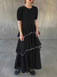 FRIFUL Women's Round Neck Petal Sleeve Layered Cake Hem Decorated A-Line Long Dress Sundress - Black - View 4