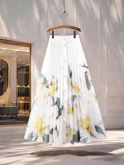 GlowEve CURVE Plus Size Pleated Printed Button Closure Elegant Skirt