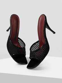 Mnmlis 女士高跟凉鞋春夏新款网面性感优雅风格套脚派对穿搭细高跟凉拖鞋 - 黑色 - 查看 5