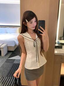 DAZY Women's Collared Sailor Collar Bow Tie Sleeveless Blouse - White - View 9