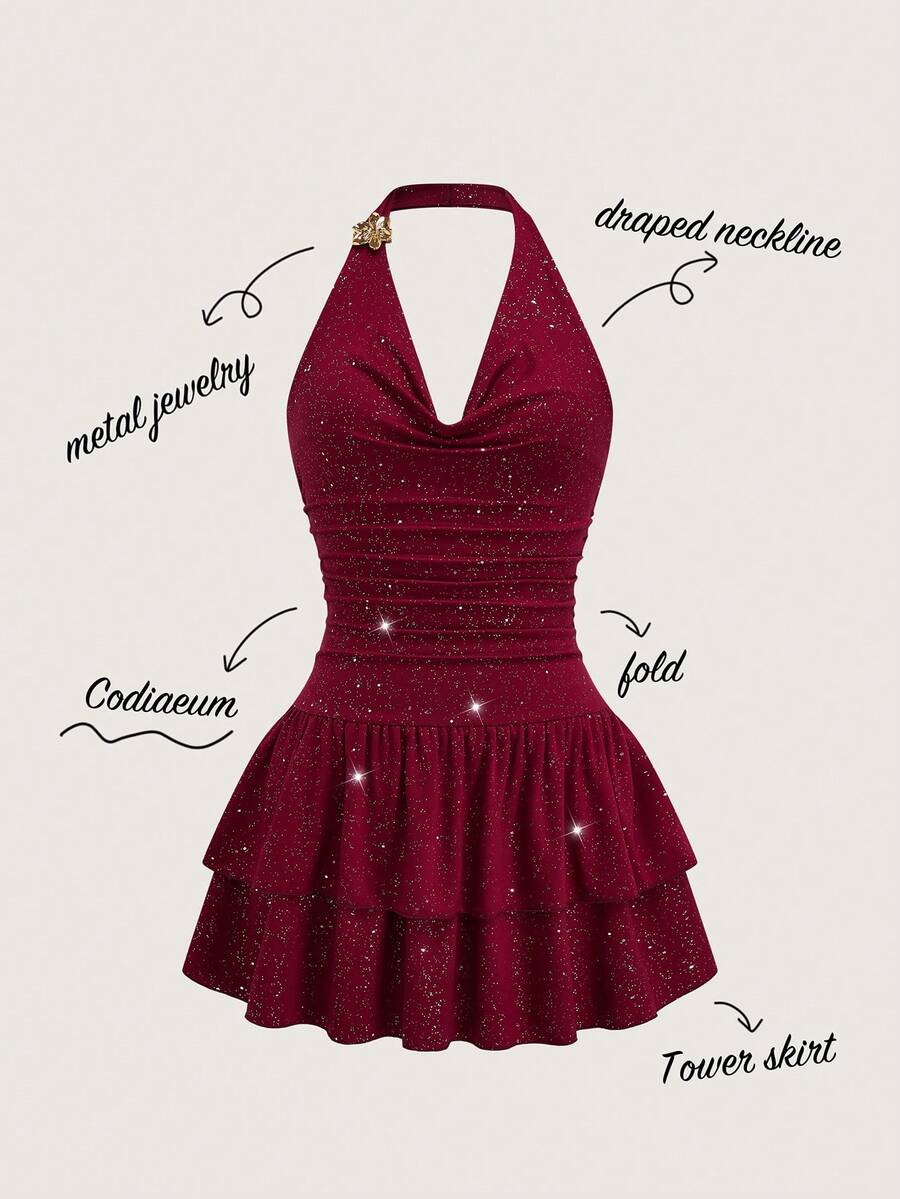Olithes Summer New Halter Sexy Dress, Red Valentine's Day Design Sense Metal Flower Short Cake Skirt, Halter Glitter Plunging Neck Dress - Burgundy - View 1