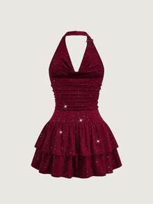 Olithes Summer New Halter Sexy Dress, Red Valentine's Day Design Sense Metal Flower Short Cake Skirt, Halter Glitter Plunging Neck Dress - Burgundy - View 2