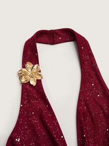 Olithes Summer New Halter Sexy Dress, Red Valentine's Day Design Sense Metal Flower Short Cake Skirt, Halter Glitter Plunging Neck Dress - Burgundy - View 3