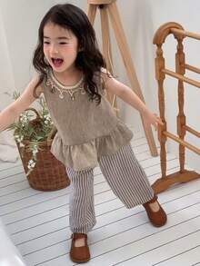 DAZY Baby Girl Ruffled Hem Sleeveless Shirt And Striped Pants Set - Light Grey - View 5