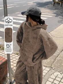 DAZY Set de 2 piezas: Sudadera con capucha casual de estilo coreano y pantalón de chándal holgado para mujer - Café integral - Ver 1