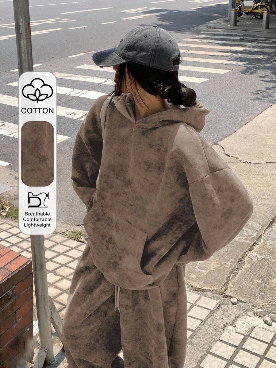 DAZY Set de 2 piezas: Sudadera con capucha casual de estilo coreano y pantalón de chándal holgado para mujer - Café integral - Ver 1