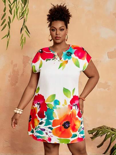 BrightlyHer Vestido de verano con escote en V entallado, mangas murciélago y estampado floral para tallas grandes