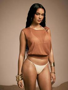 Hauture 女士褶皱装饰针织背心性感办公服 - 卡其色 - 查看 5