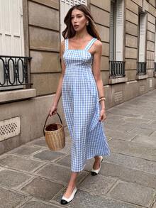 Pariaura Women's 2026 Blue & White Gingham Maxi Dress Square Neck Strappy Sleeveless Back Tie Cutout High Waist Flowy Hem Feminine Casual Vacation Summer Comfortable Dress - Multicolor - View 4