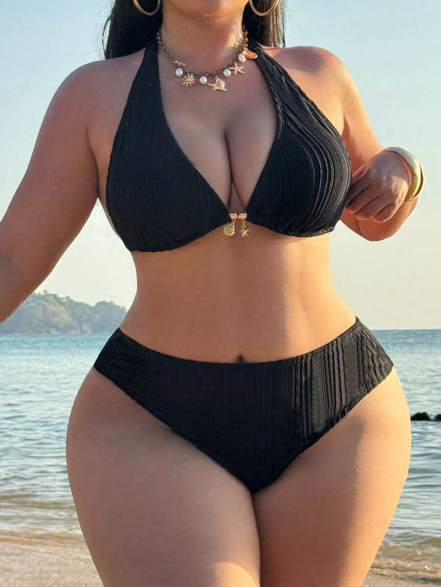 Swim SXY Traje de baño de 2 piezas para mujer talla grande, de unicolor, con escote halter y lazos, para playa y vacaciones - Negro - Ver 1