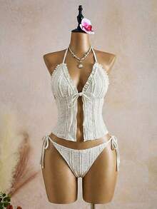 Bonvoyette Bộ bikini hai mảnh dễ thương màu be có dây đeo mảnh, họa tiết bèo nhún và nơ trang trí, kiểu dáng tam giác, thích hợp cho mùa xuân/hè đi biển. - Màu be - Xem 7