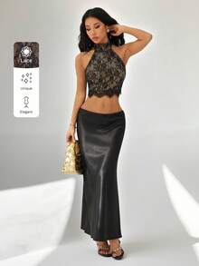 SHEIN PETITE 女士蕾丝吊带露背性感黑色吊带衫 - 黑色 - 查看 3