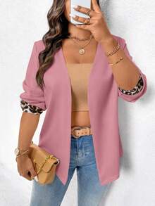 EMERY ROSE Plus Size Women Casual Long Sleeve Blazer Jacket With Leopard Print Patchwork - Pink - View 6
