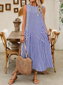 Omancia 女士休闲条纹竹节无袖开口袋长裙，春夏 - 藍色 - 查看 7
