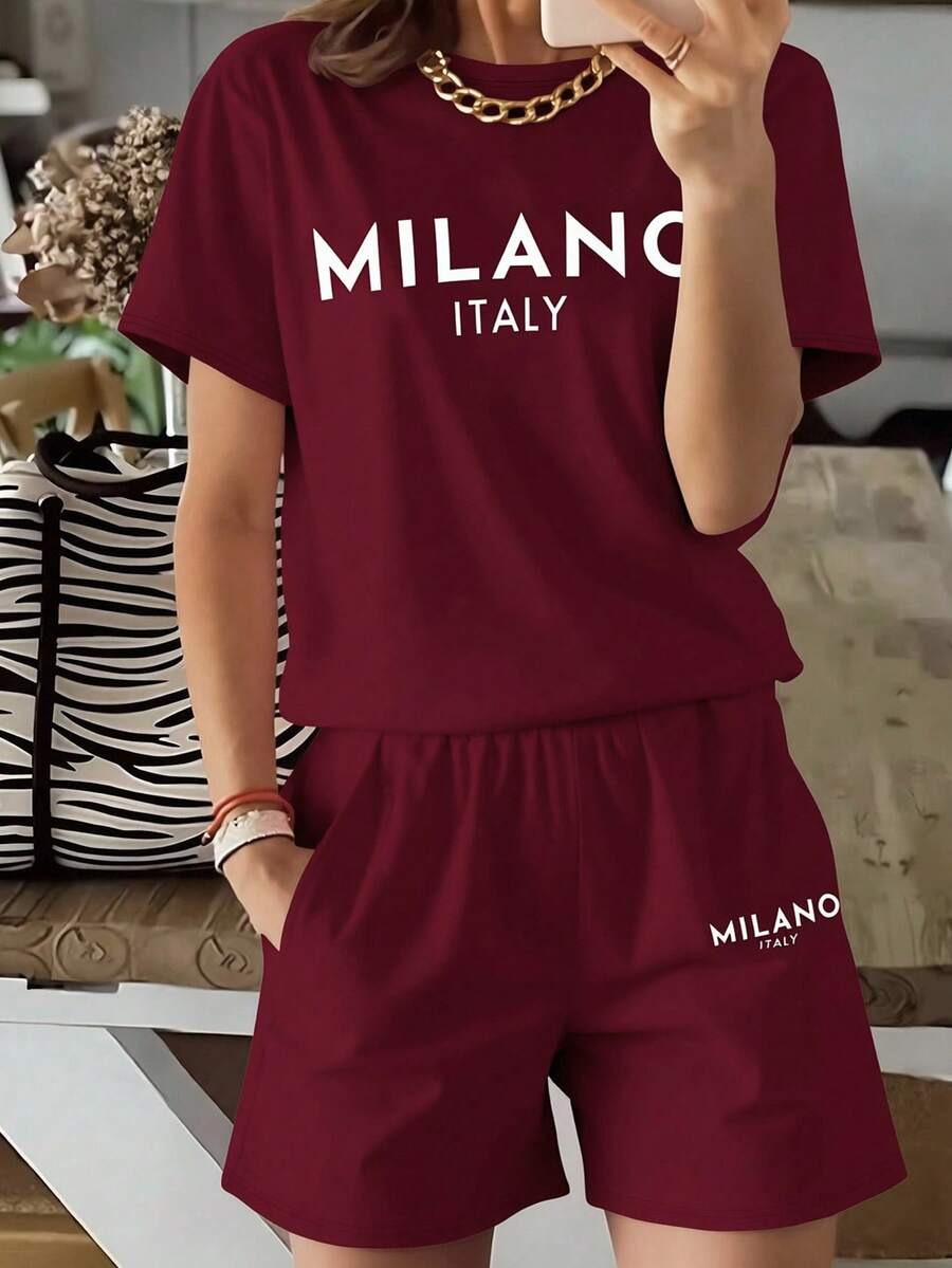Silhoulove 2pcs Women's Casual Letter Print T-Shirt And Shorts Set, Summer,Holiday - Burgundy - View 1