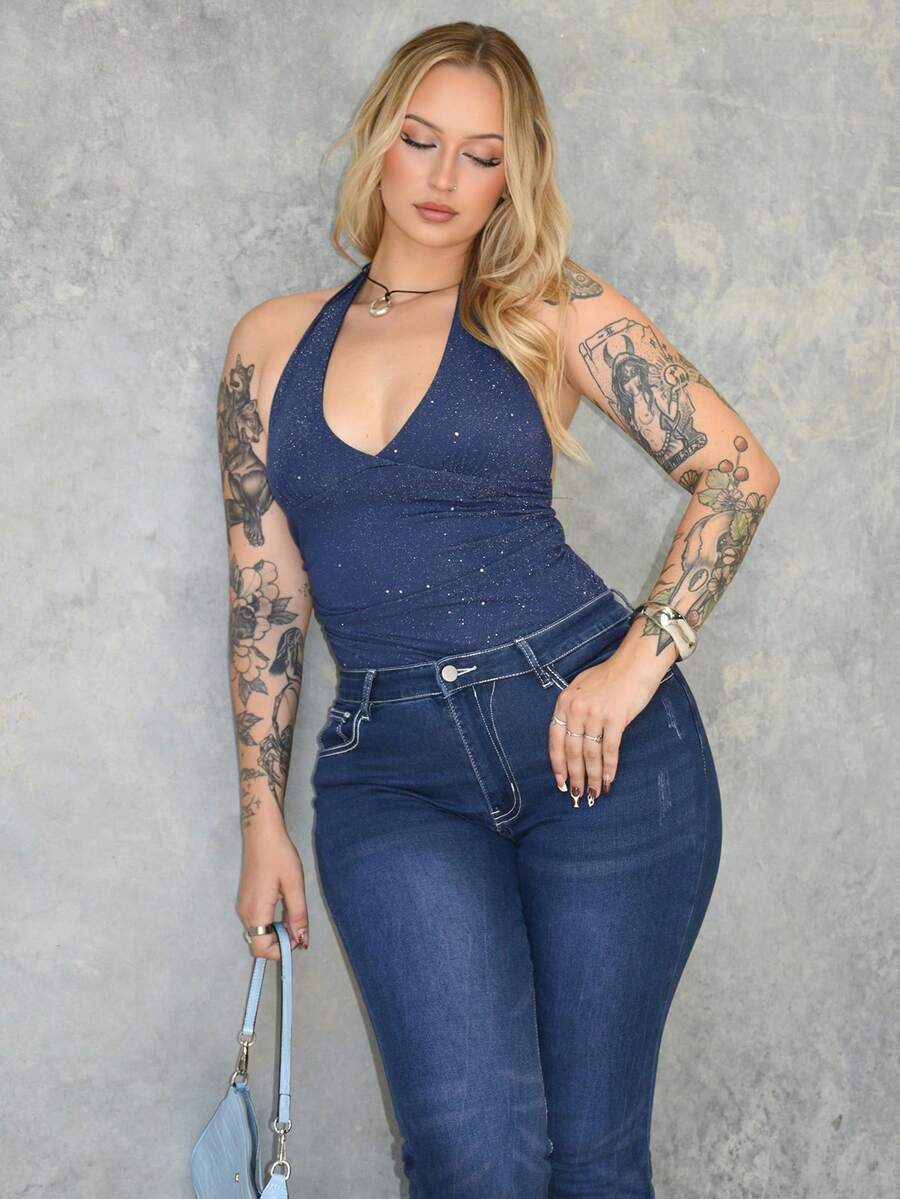 Arliah 百搭深 V 领金属紧身衣，适合春、夏、秋、冬 - 藏蓝色 - 查看 1