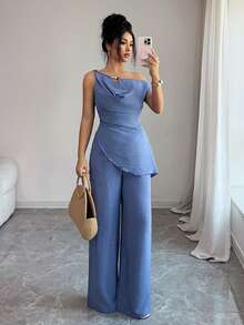 SHEIN Elenzya New Summer Draped Neck Faux Linen Bamboo Knot Denim Blue 2 Pieces Set, Suitable For Travel And Photography, Elegant Deep Sea Blue Asymmetric Shoulder Top + High Waist Casual Pants - Blue - View 8