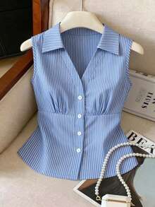 GlowEve 女士新款条纹翻领无袖休闲衬衫，适合日常通勤，春夏穿着 - 藍白色 - 查看 1