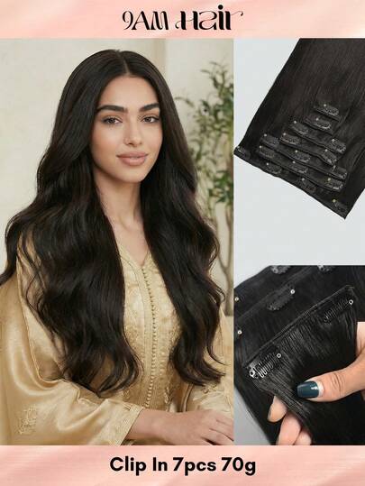Straight Human Hair Clip In Hair Extensions For Full Head Brazilian Virgin Hair Natural Black Color, 7Pcs With 16Clips, 70-80 Gram
