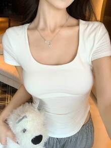 DAZY 女士休闲圆领修身纯色T恤 夏季 - 白色 - 查看 7