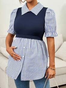 SHEIN 夏季孕妇休闲条纹拼接哺乳上衣 - 黑色 - 查看 5