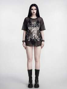 ROMWE Goth 女士休闲度假沙滩派对印花罩衫，挂脖比基尼三件套泳衣，新款春夏网纱衬衫哥特风上衣，哥特风女装，哥特风夏季服装，哥特风衬衫，哥特风夏季服装，透视上衣，透视印花上衣，女士宽松T恤，女士纹身T恤，女士哥特风T恤，女士印花T恤，女士上衣和衬衫，Ysk服装，Zahide T恤，女士运动上衣 - 黑色 - 查看 3