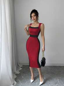 Rafferiza Petite Đầm bó sát màu tương phản thanh lịch dành cho nữ khi đi làm - Đỏ - Xem 5